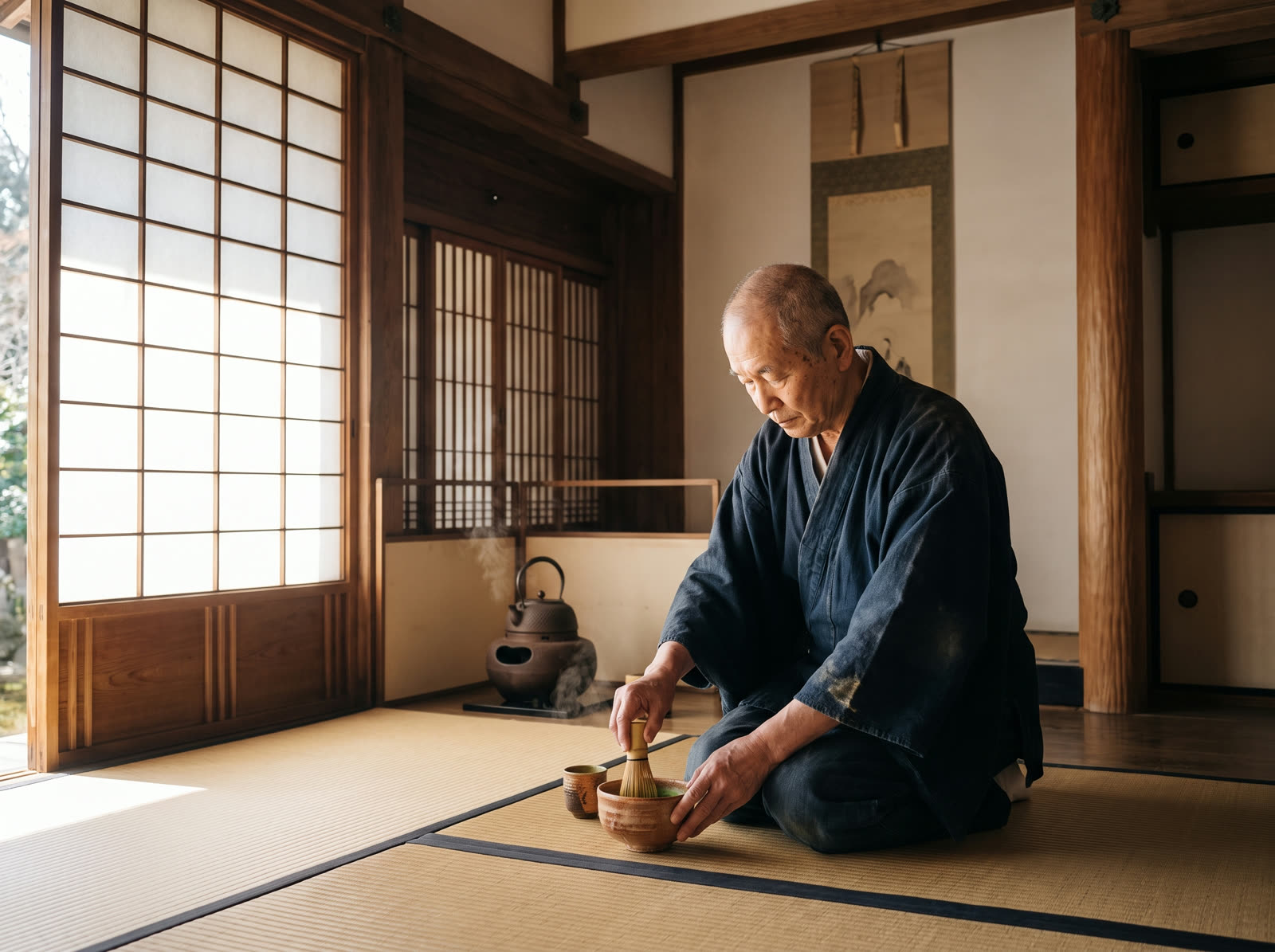 Japanischer Zen-Mönch bereitet Matcha für die Meditation zu