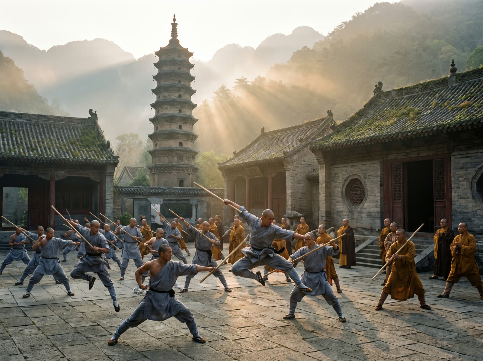 Shaolin-Kloster mit trainierenden Kampfmönchen im historischen China