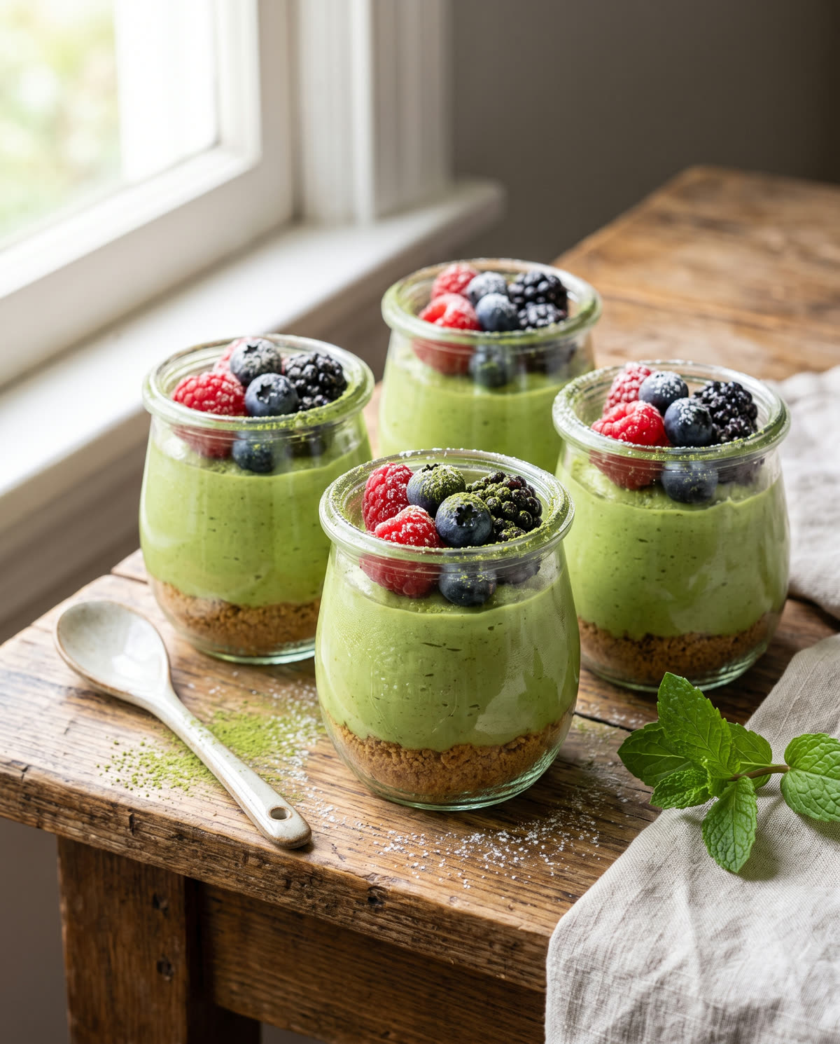 Matcha-Käsekuchen im Glas