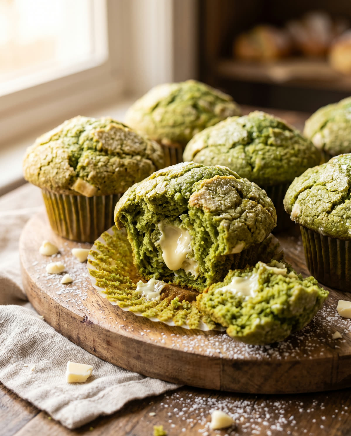 Matcha-Muffins mit weißer Schokolade