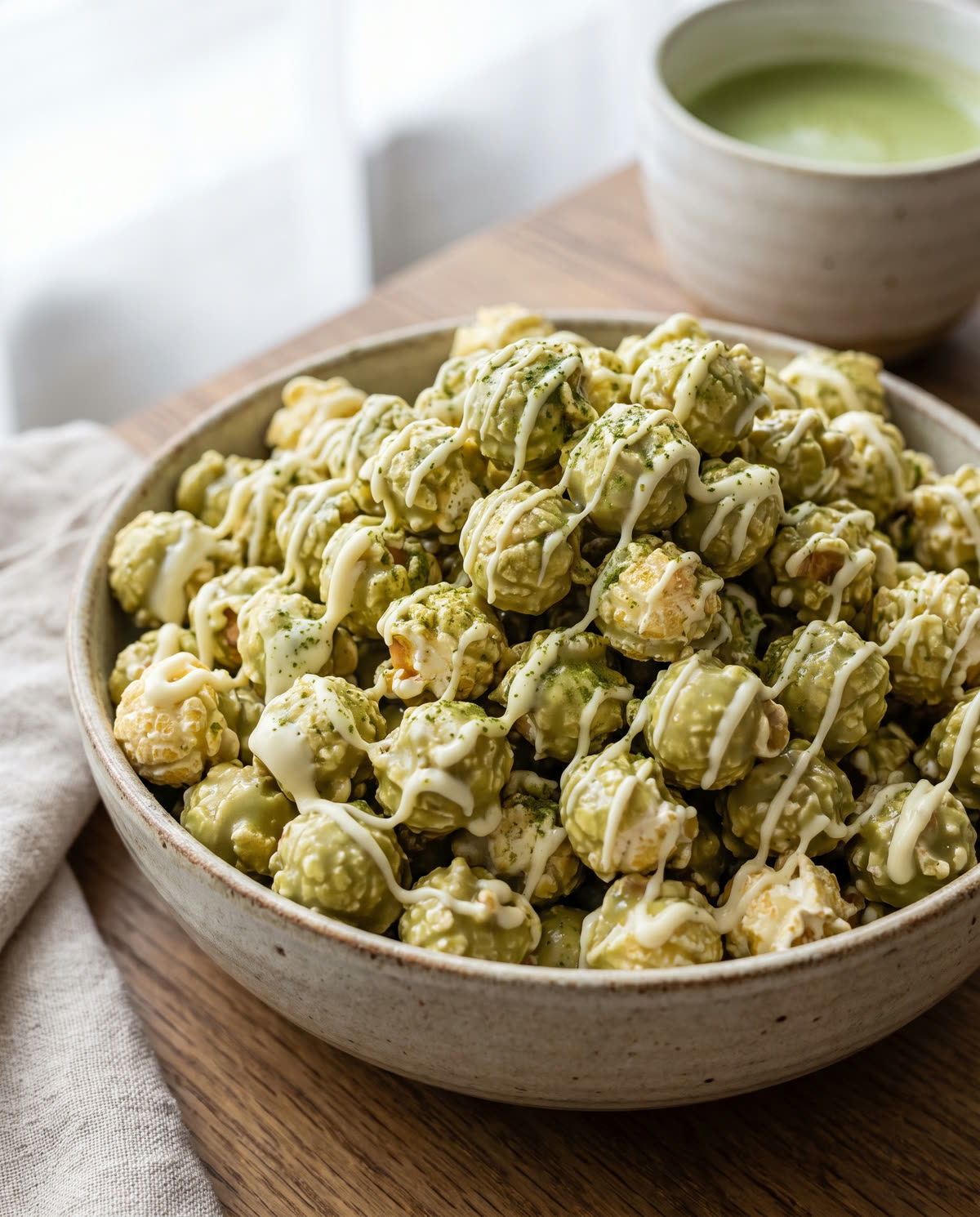Matcha-Popcorn mit weißer Schokolade